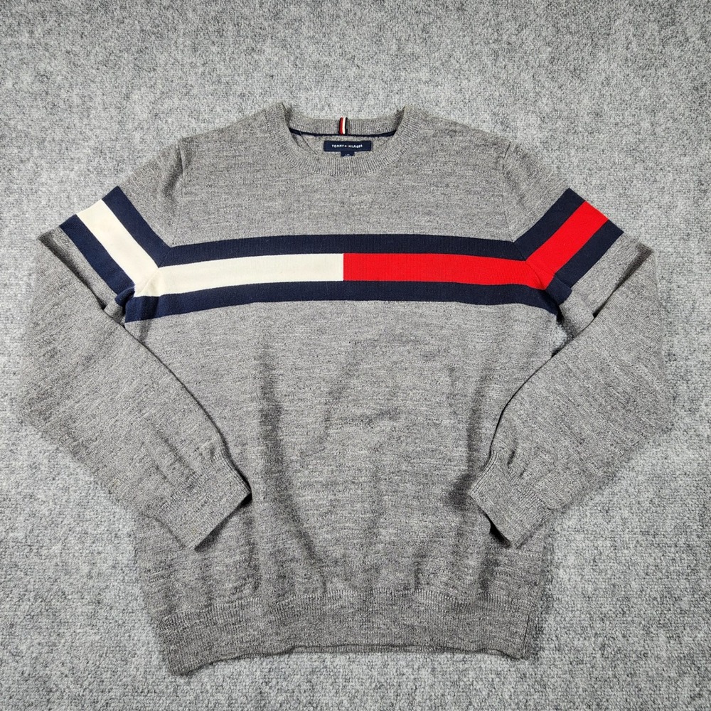 Tommy Hilfiger Mens Gray Cotton Crewneck Sweater‎ Signature Stripe Large